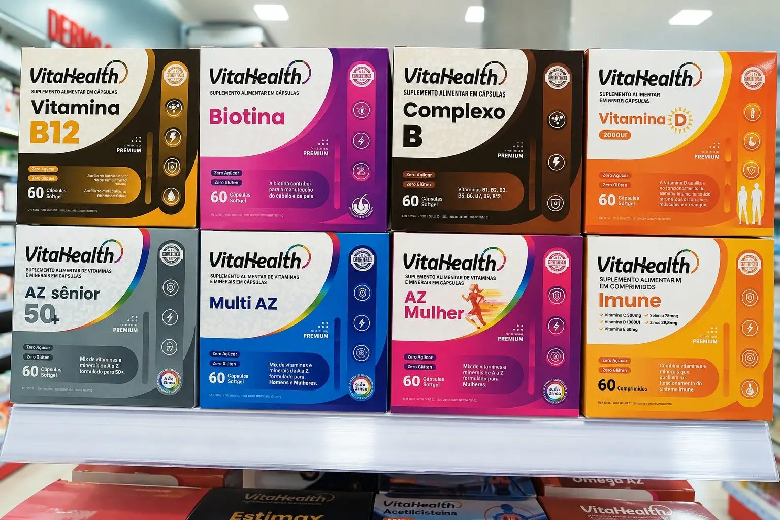 Linha VitaHealth de vitaminas e suplementos de fabricação própria da DrogaShop